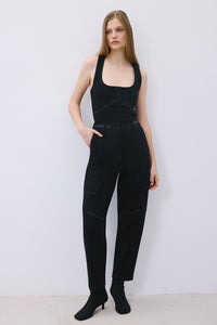 Black Knit Relaxed Fit Pants With Faux Leather Detail
