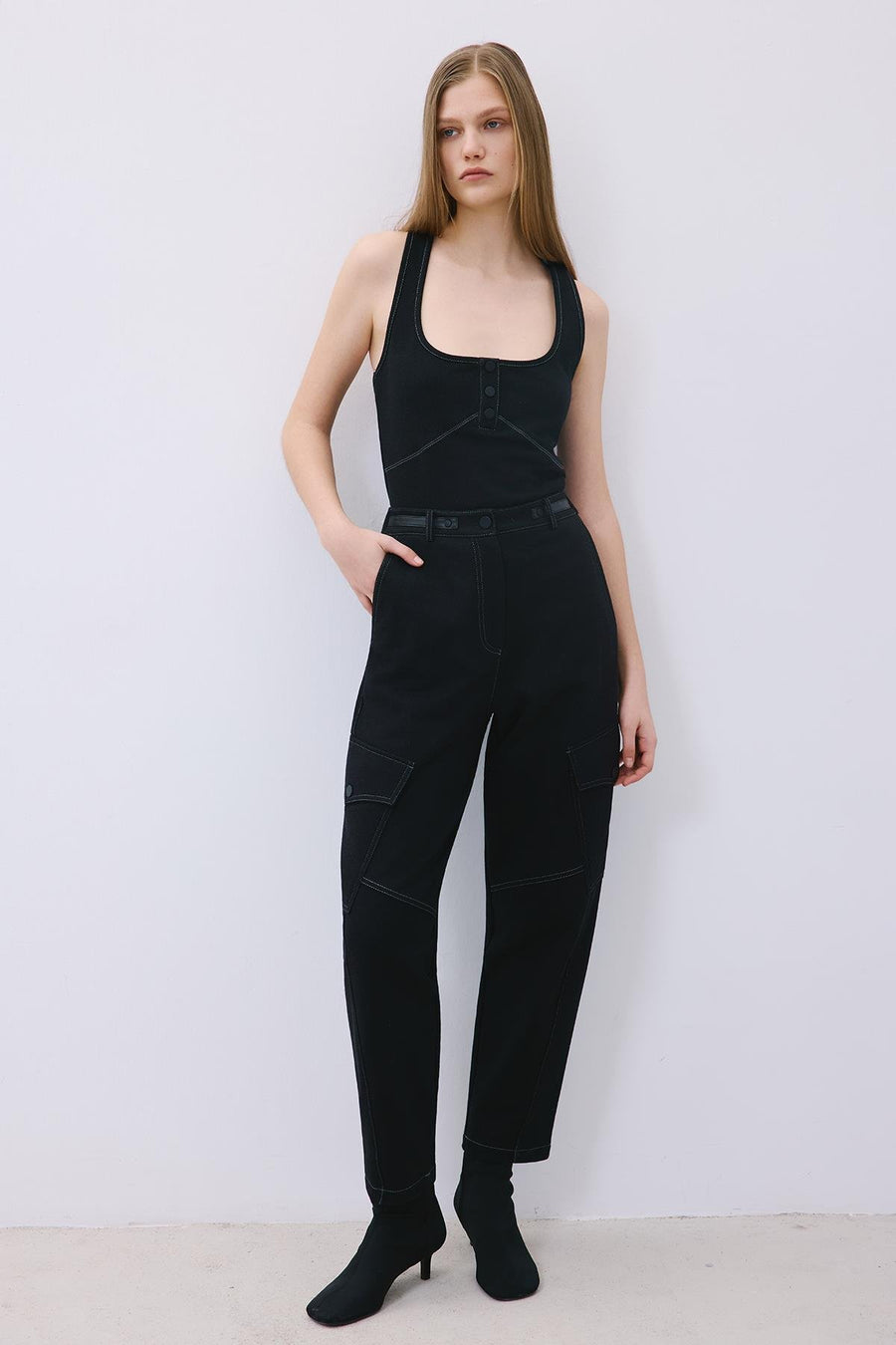 Indigo Knit Relaxed Fit Pants with Faux Leather Detail