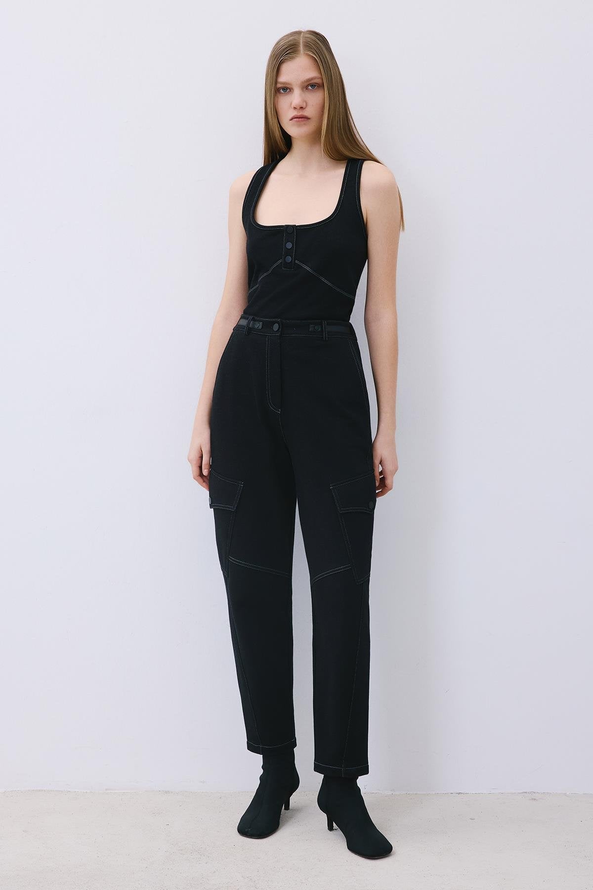 Indigo Knit Relaxed Fit Pants with Faux Leather Detail