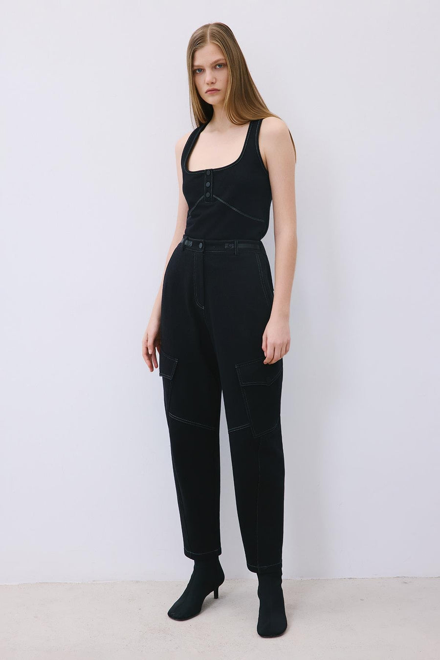 Indigo Knit Relaxed Fit Pants with Faux Leather Detail