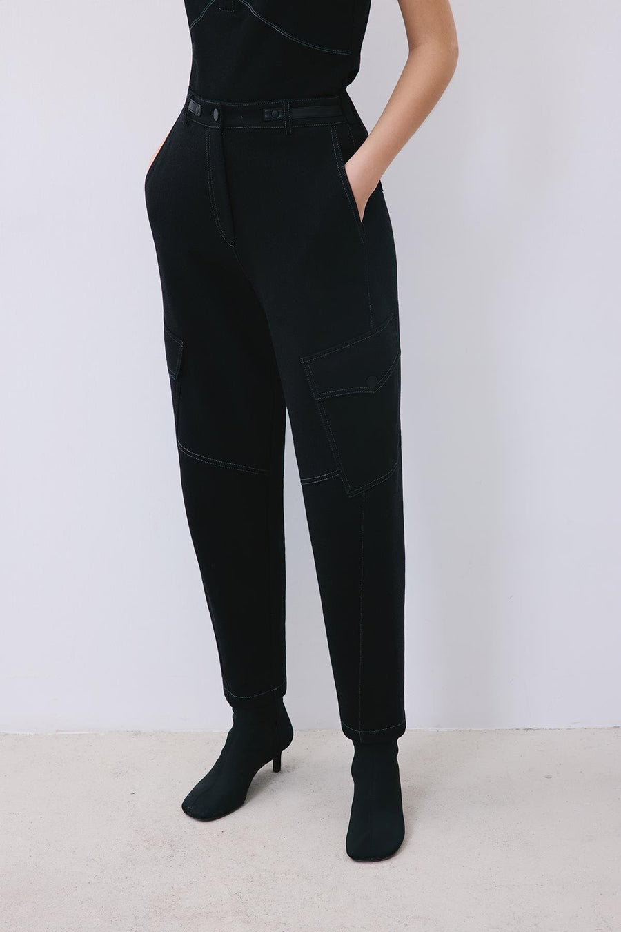 Indigo Knit Relaxed Fit Pants with Faux Leather Detail