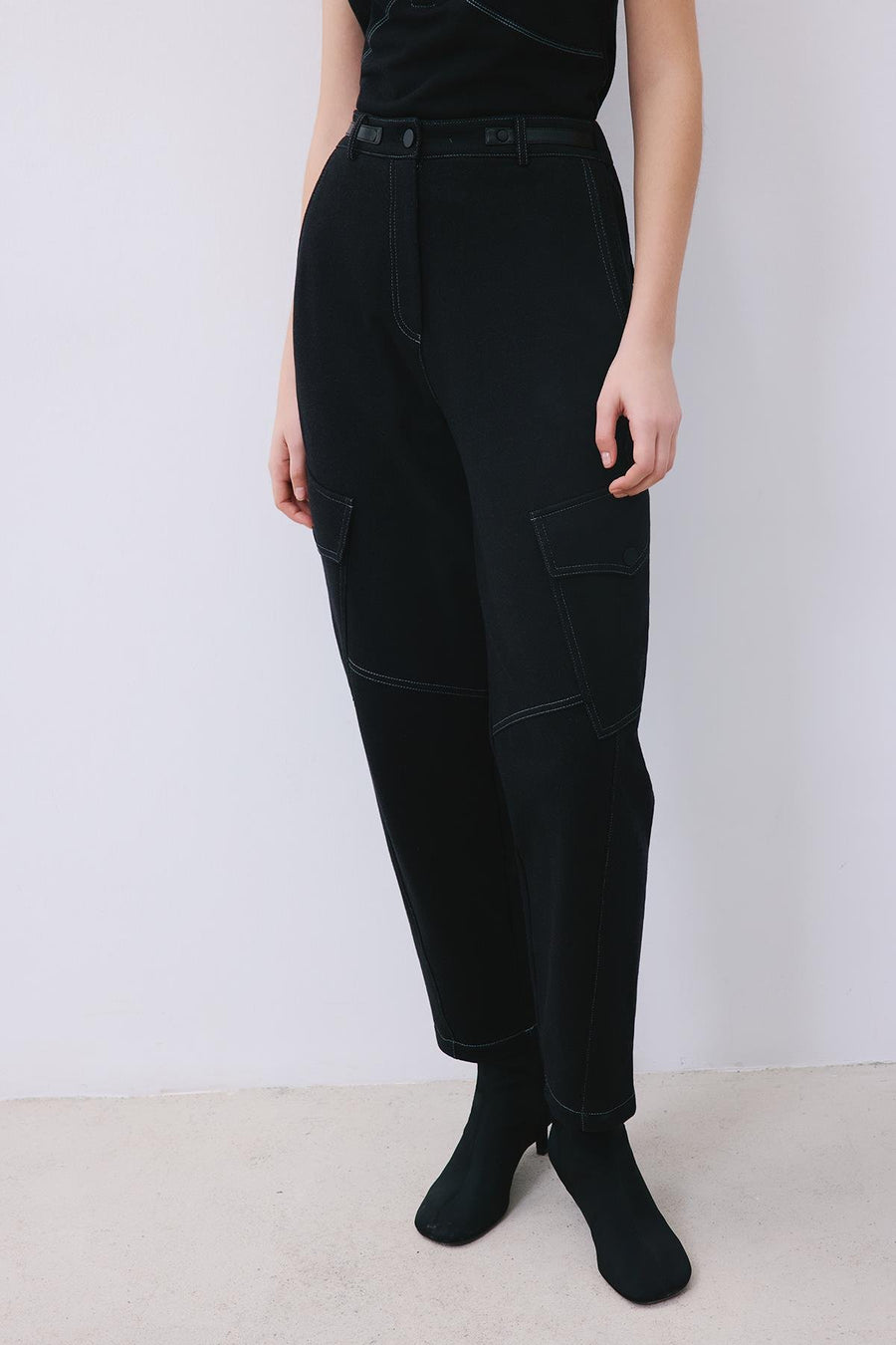 Indigo Knit Relaxed Fit Pants with Faux Leather Detail