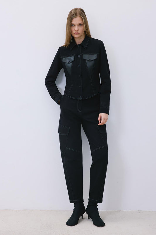 Indigo Knit Shirt with Faux Leather Detail