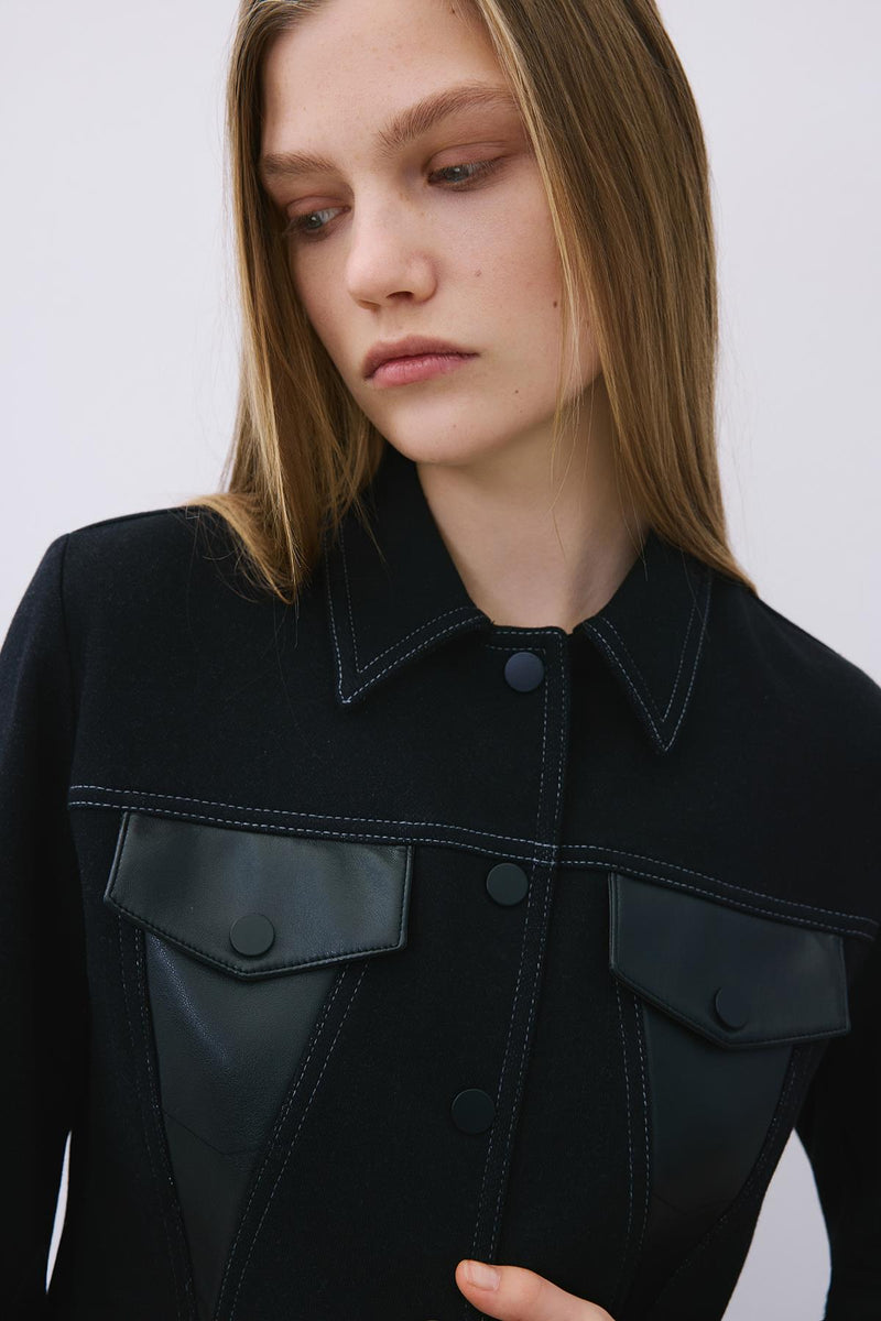 Indigo Knit Shirt with Faux Leather Detail