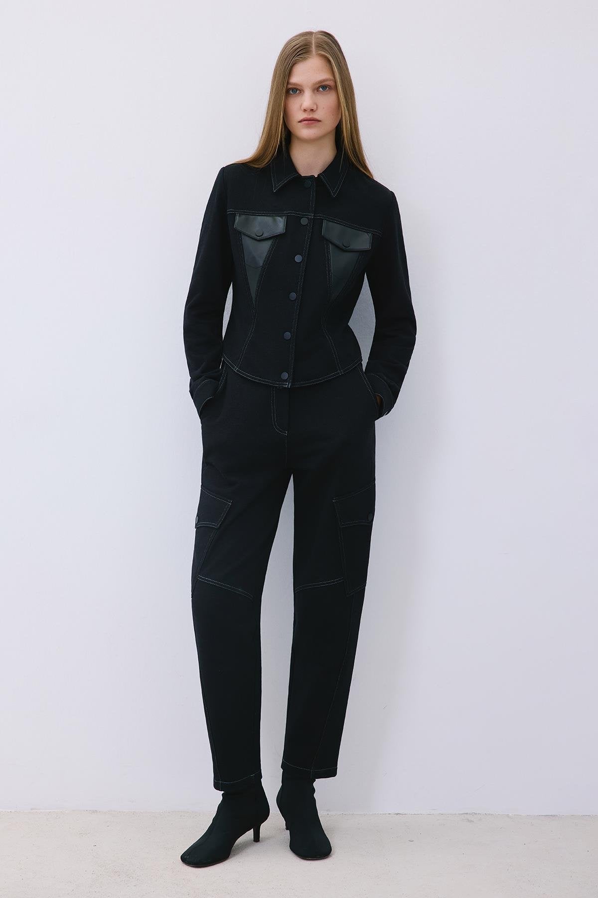 Indigo Knit Shirt with Faux Leather Detail