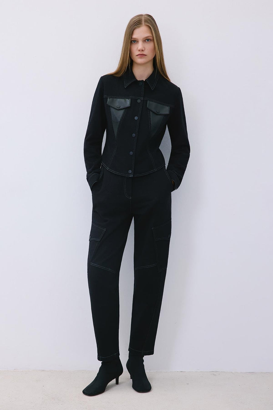 Indigo Knit Shirt with Faux Leather Detail