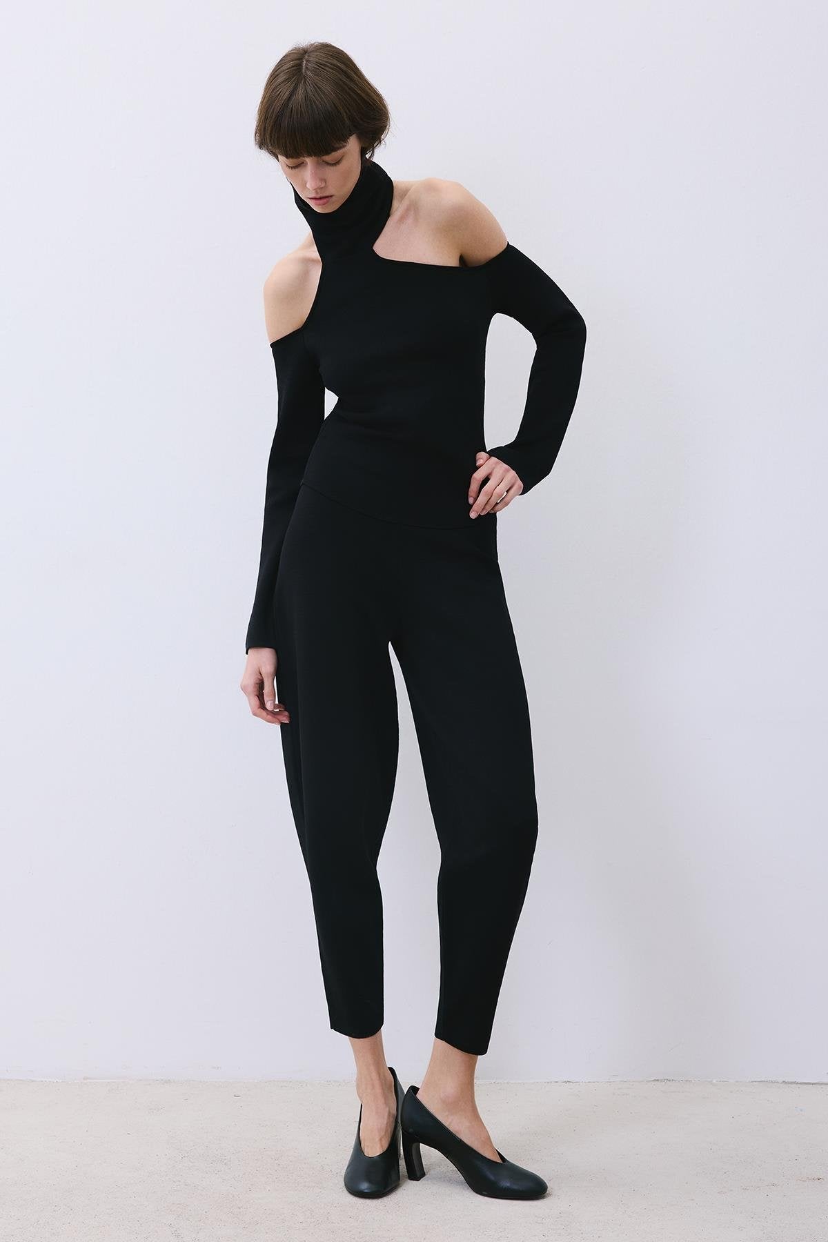 Knit Turtleneck Blouse with Shoulder Cut-Out