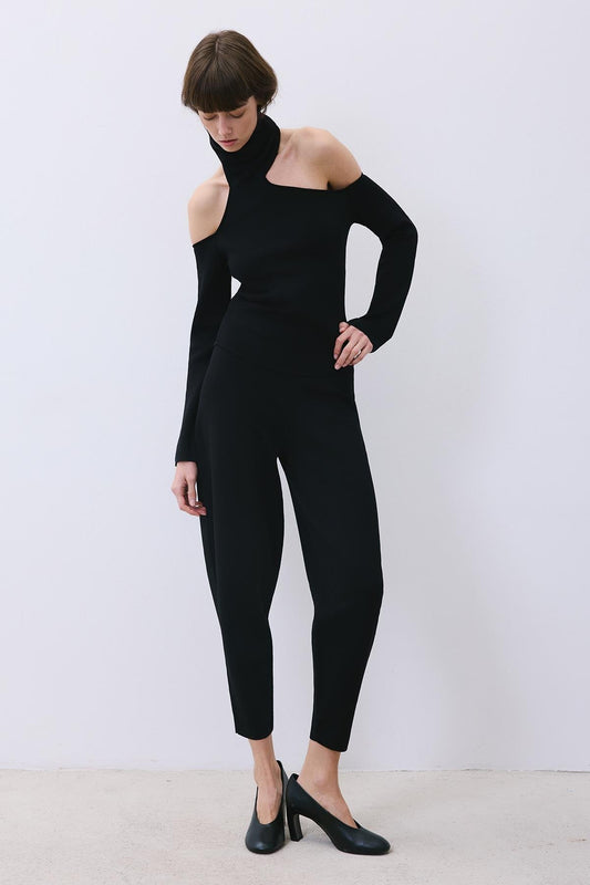 Knit Turtleneck Blouse with Shoulder Cut-Out