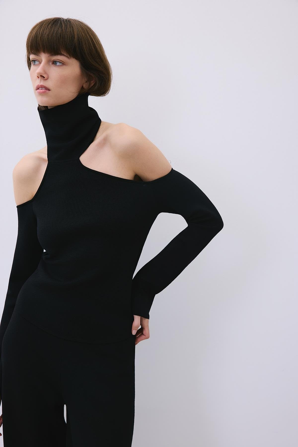 Knit Turtleneck Blouse with Shoulder Cut-Out
