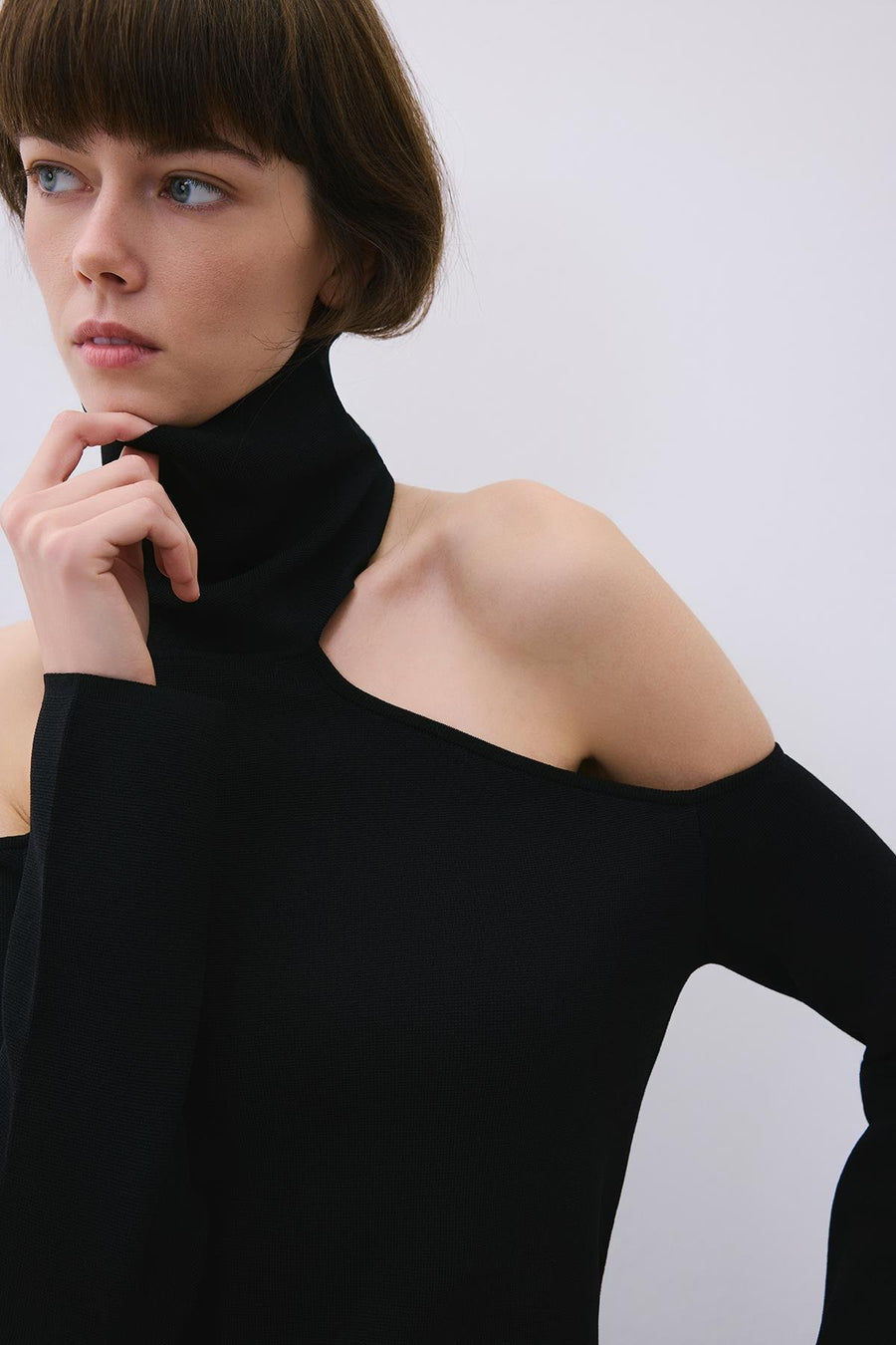 Knit Turtleneck Blouse with Shoulder Cut-Out