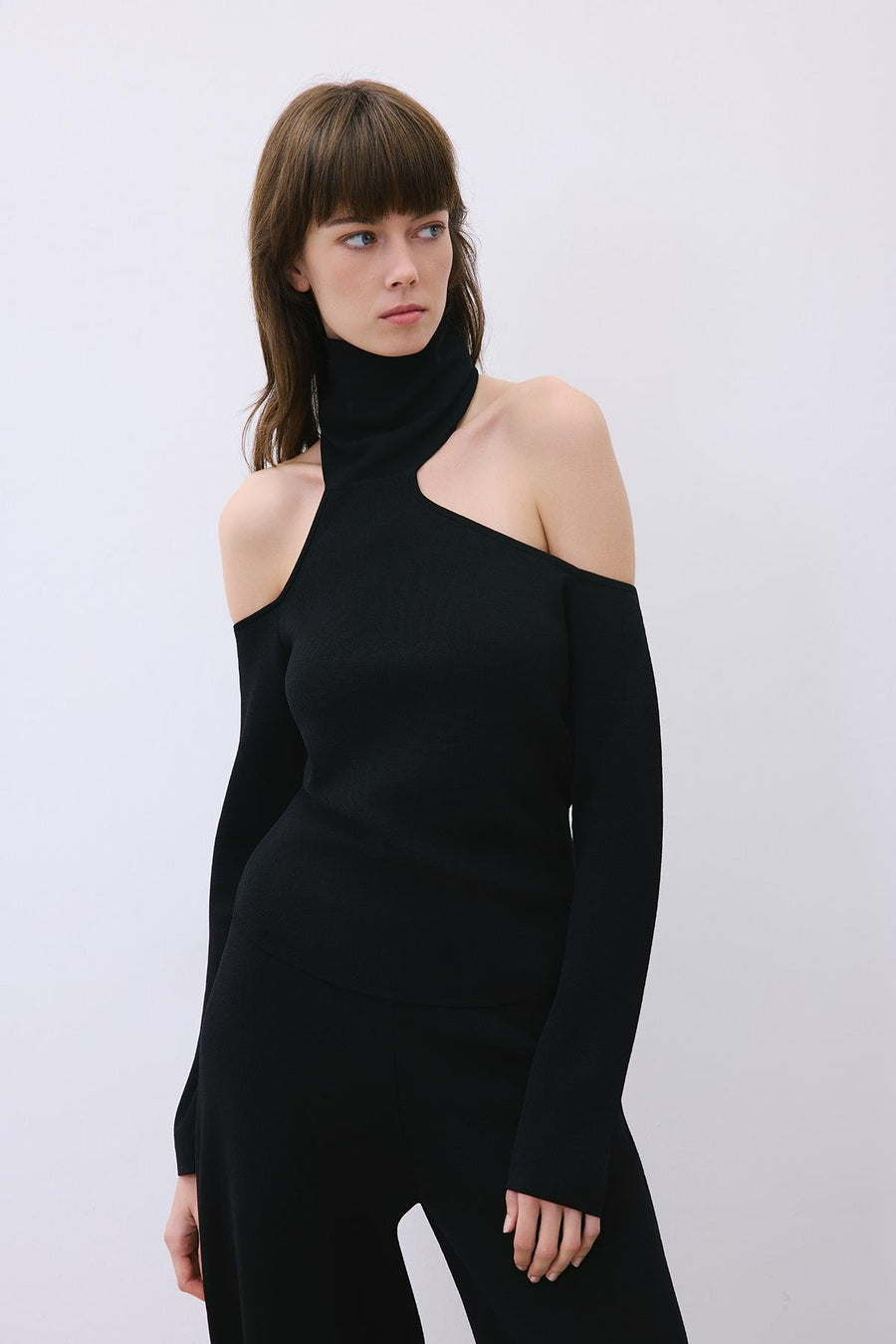 Knit Turtleneck Blouse with Shoulder Cut-Out