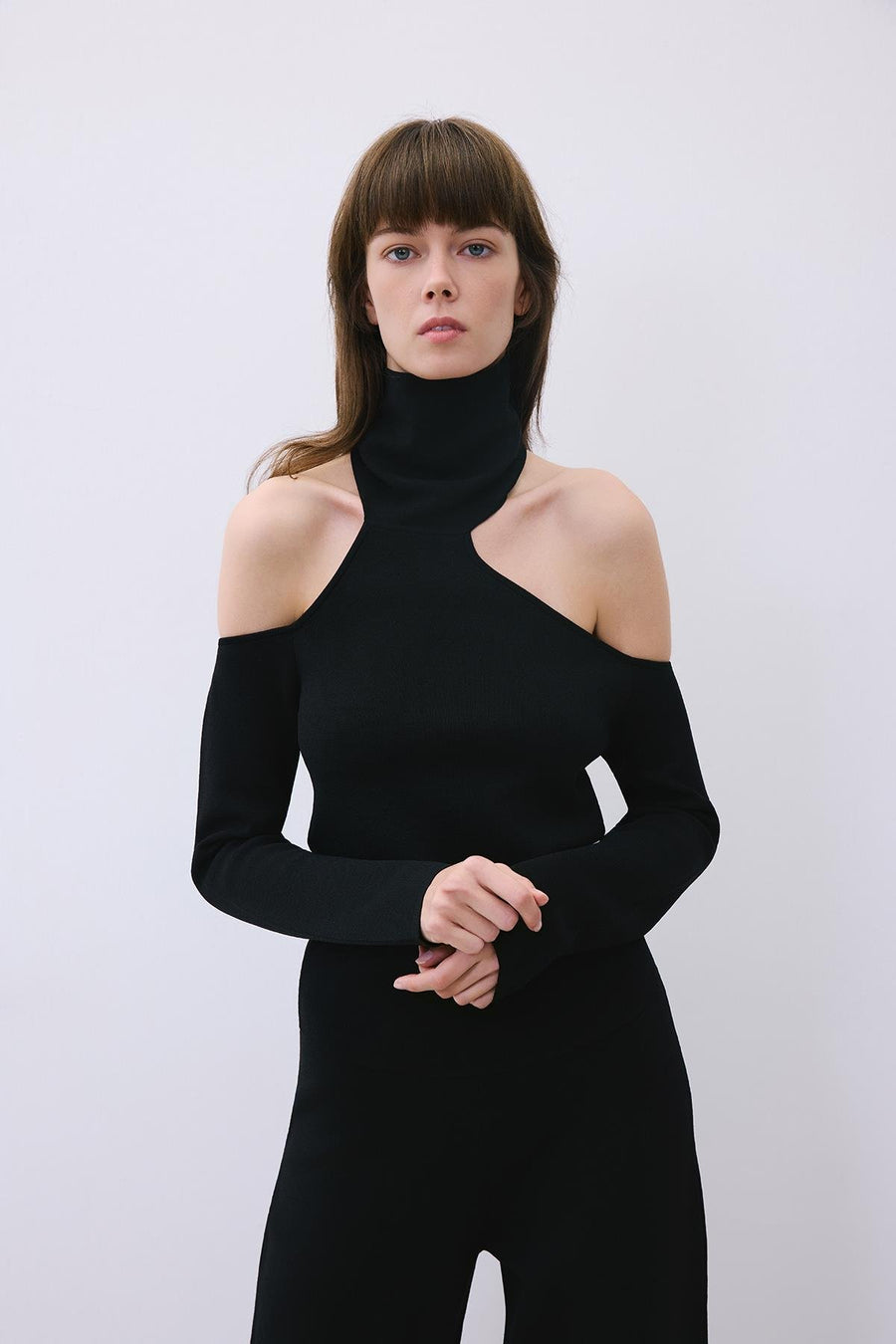 Knit Turtleneck Blouse with Shoulder Cut-Out