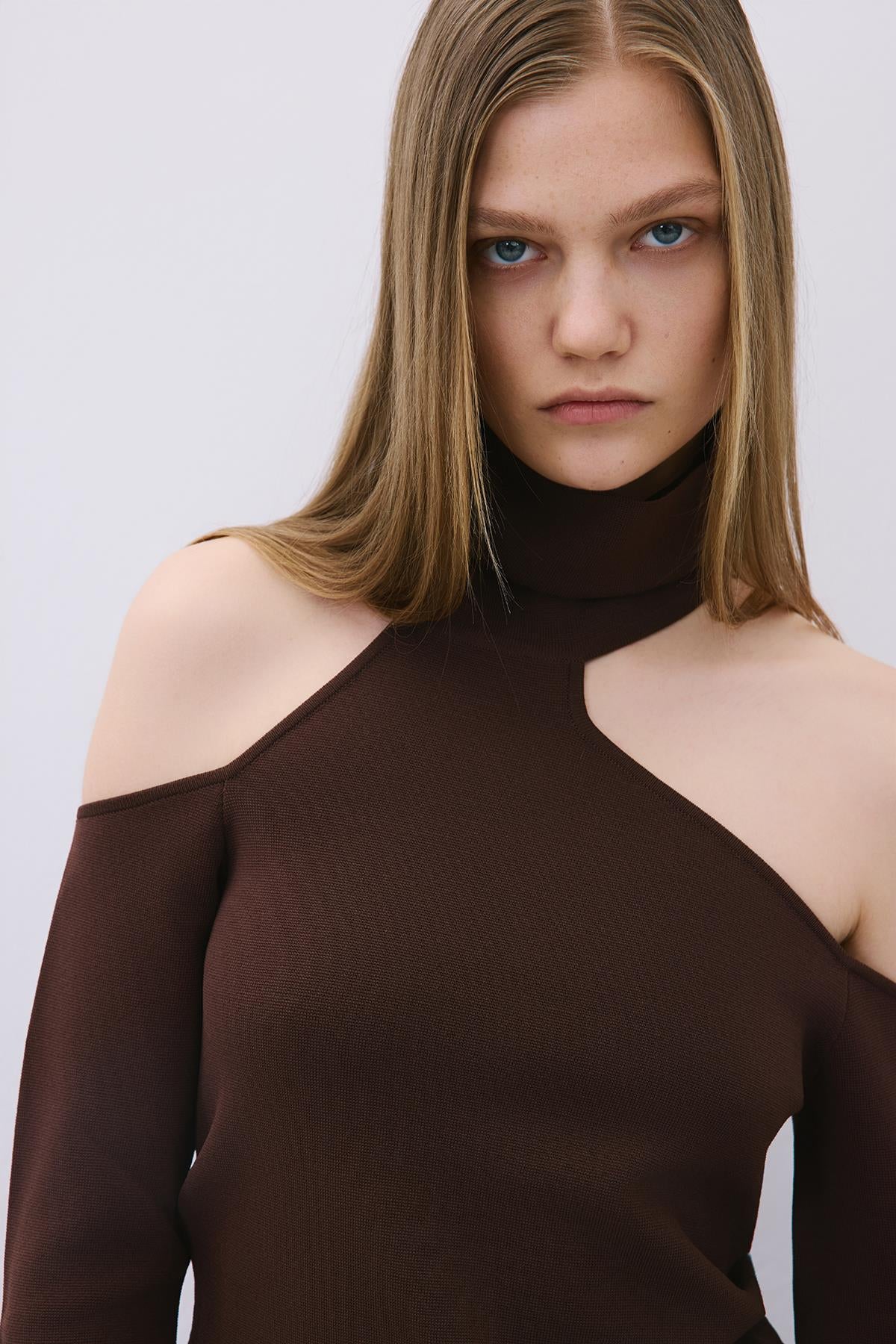 Knit Turtleneck Blouse with Shoulder Cut-Out