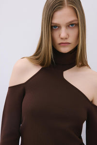 Brown Knit Turtleneck Blouse With Shoulder Cut-out