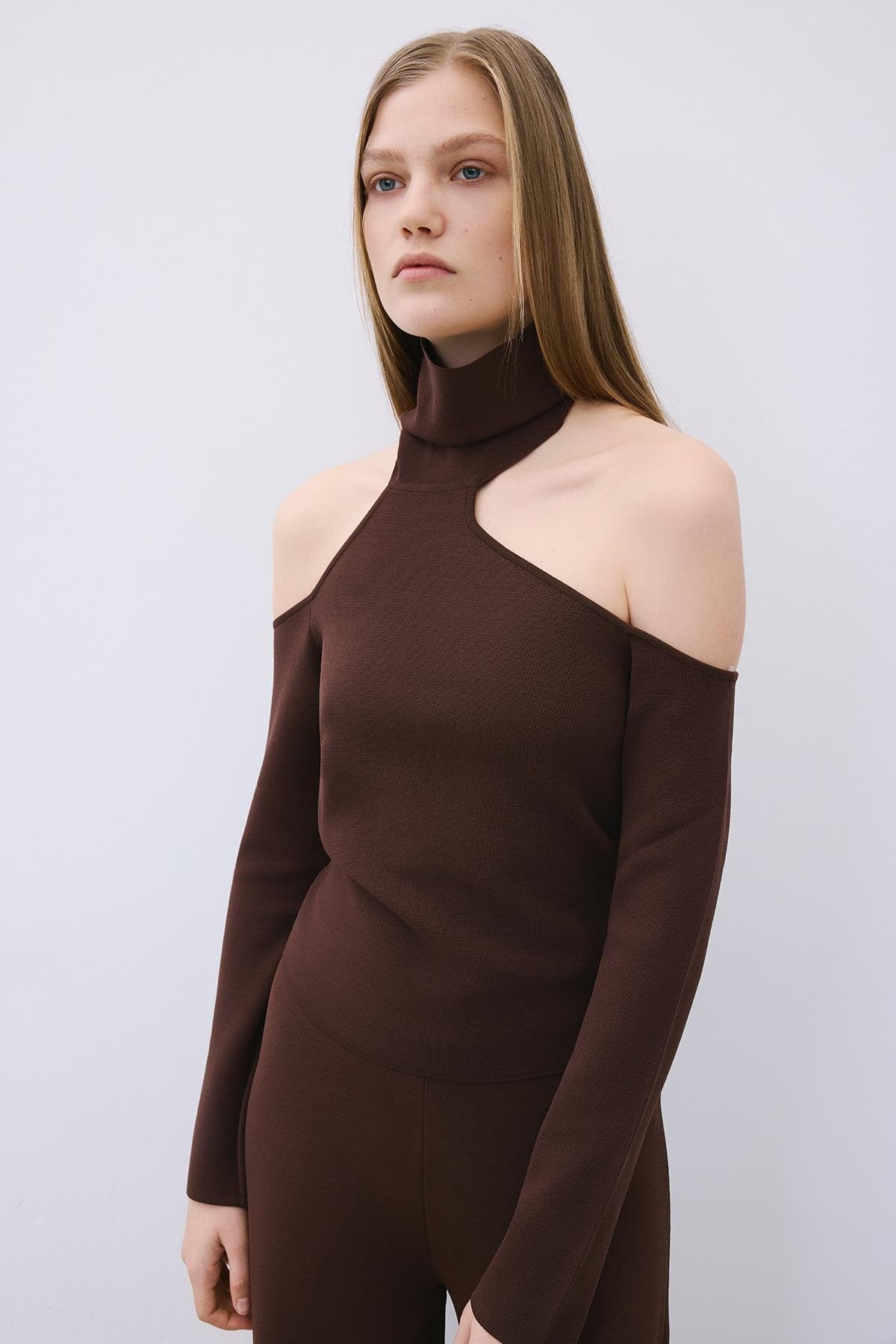 Knit Turtleneck Blouse with Shoulder Cut-Out