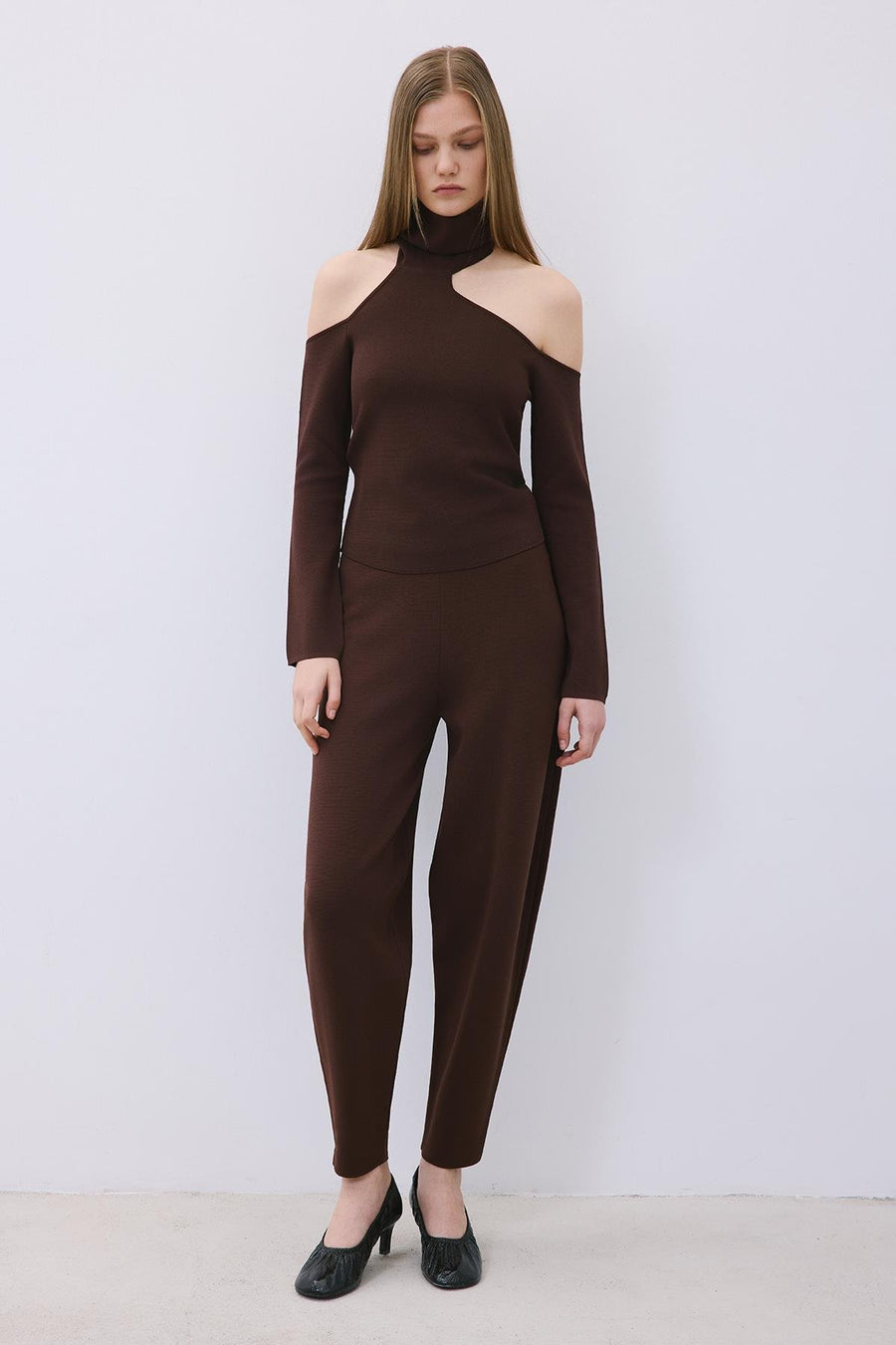 Knit Turtleneck Blouse with Shoulder Cut-Out