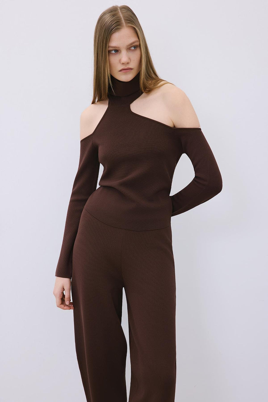 Knit Turtleneck Blouse with Shoulder Cut-Out