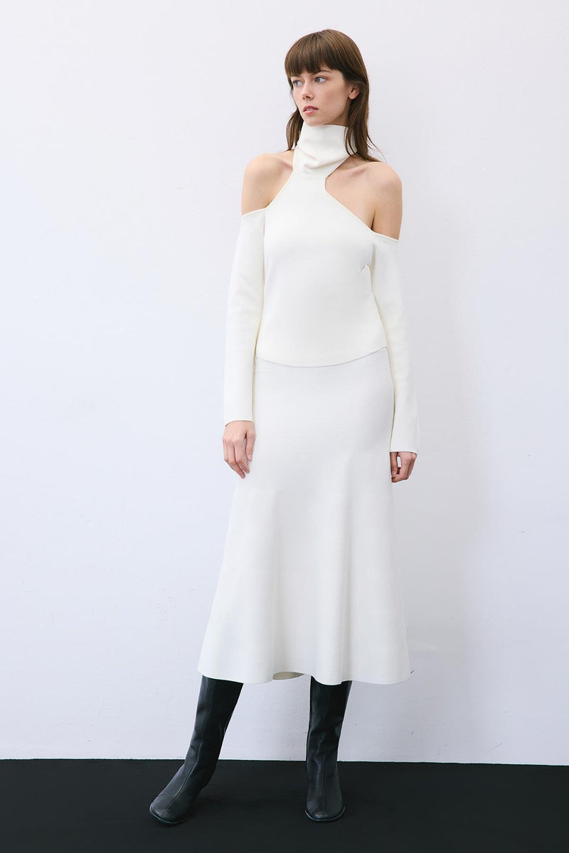 Knit Turtleneck Blouse with Shoulder Cut-Out