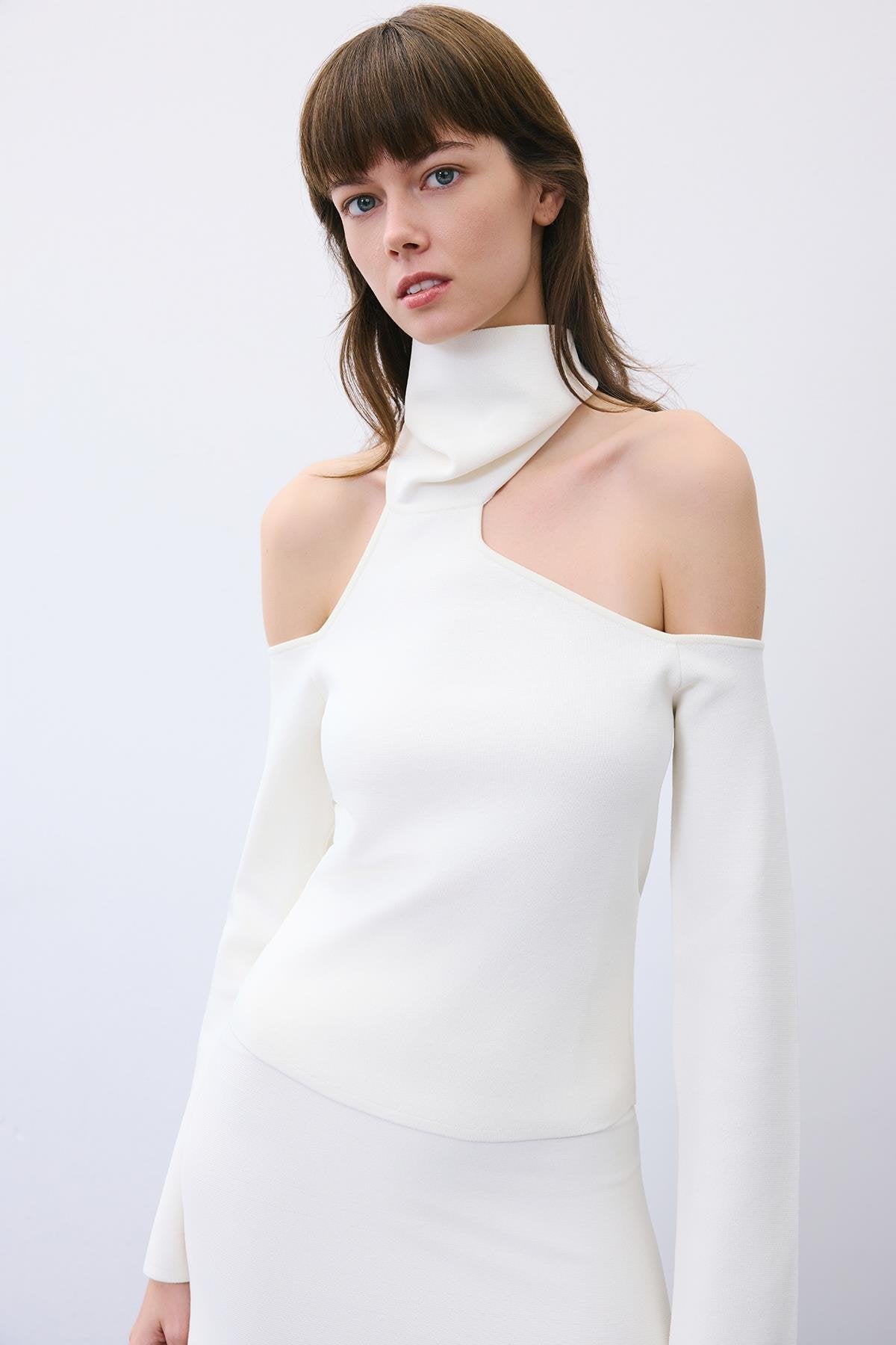 Knit Turtleneck Blouse with Shoulder Cut-Out