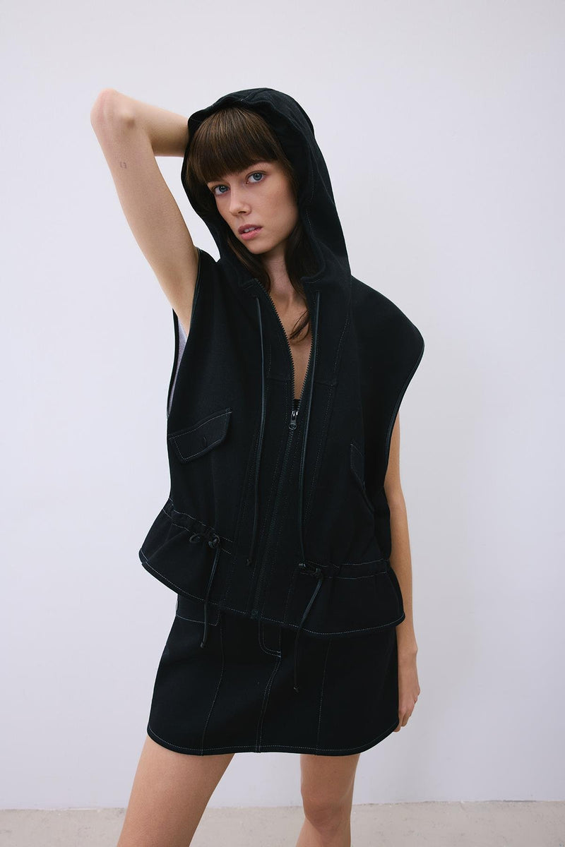 Indigo Knit Vest with Hood and Leather Trim