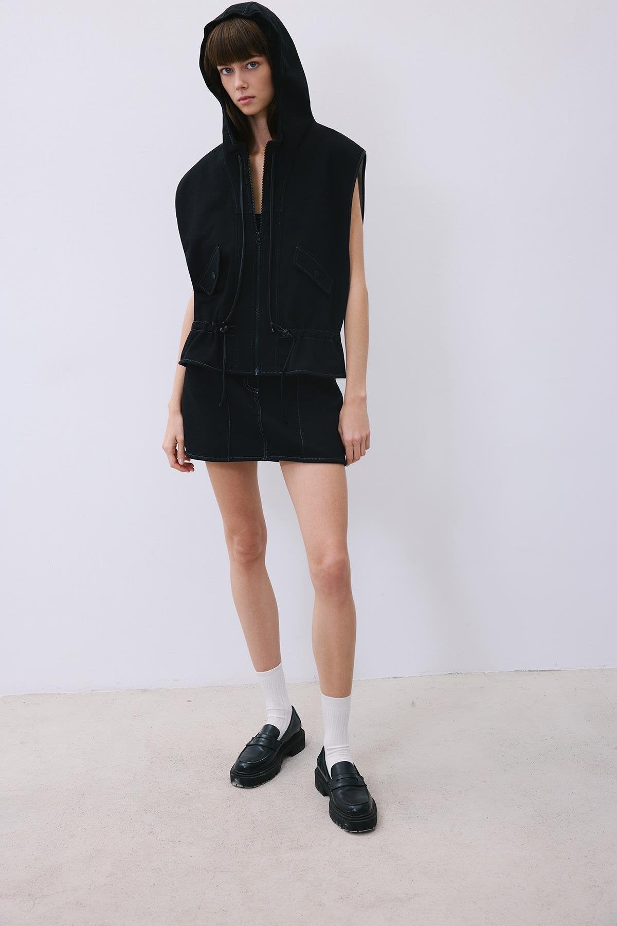 Indigo Knit Vest with Hood and Leather Trim