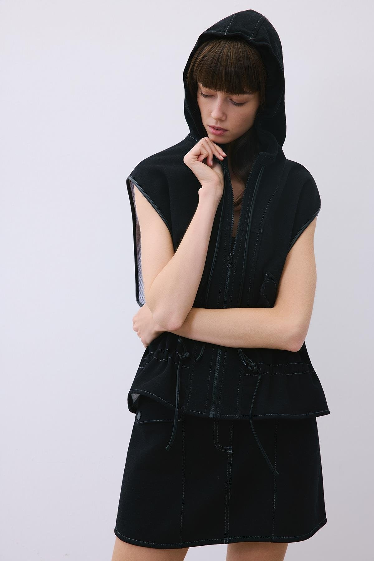Indigo Knit Vest with Hood and Leather Trim