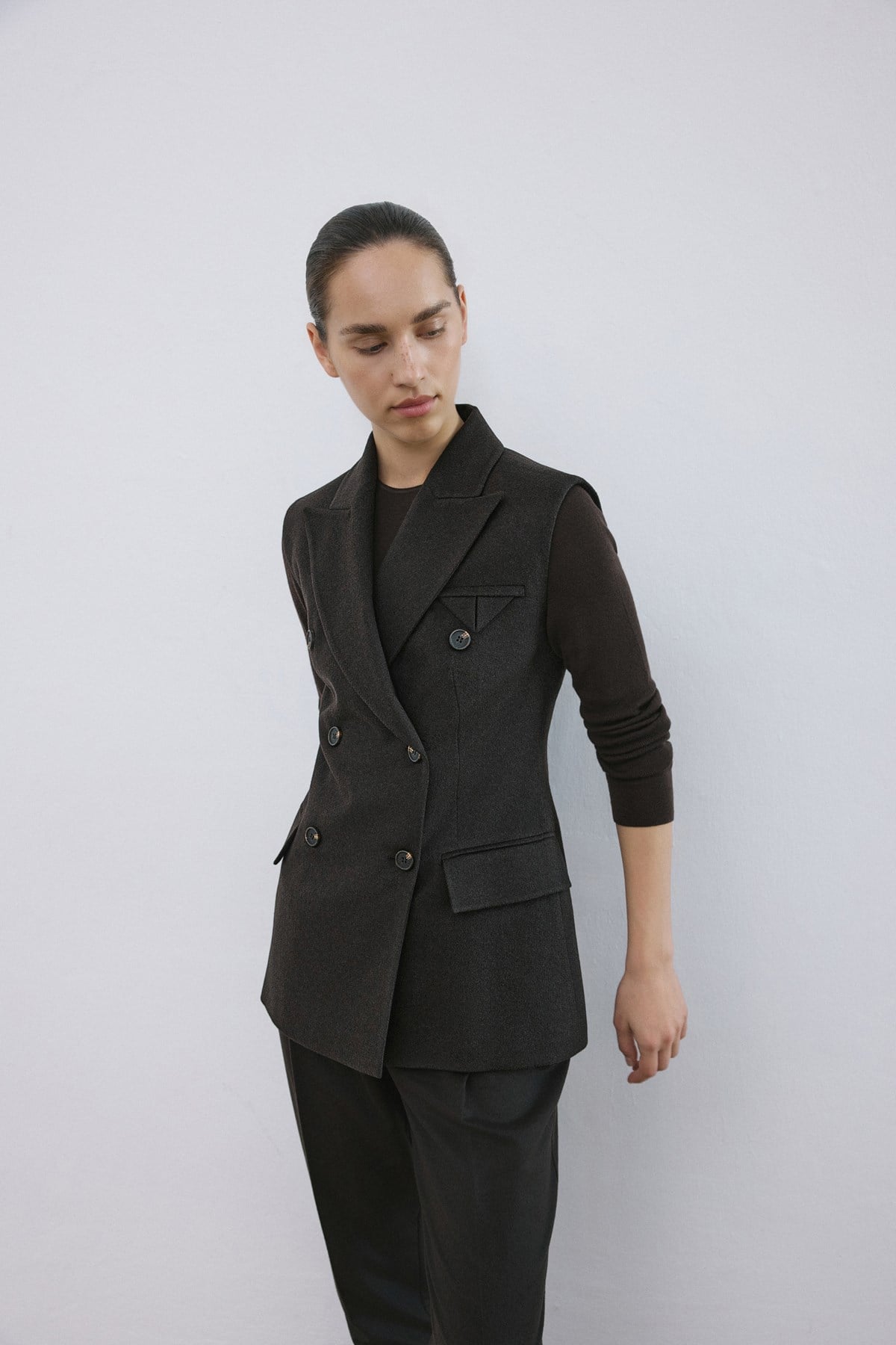 Lapel Collar Lined Double-Breasted Long  Vest