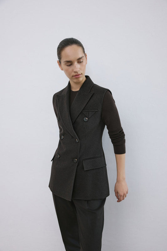 Lapel Collar Lined Double-Breasted Long  Vest