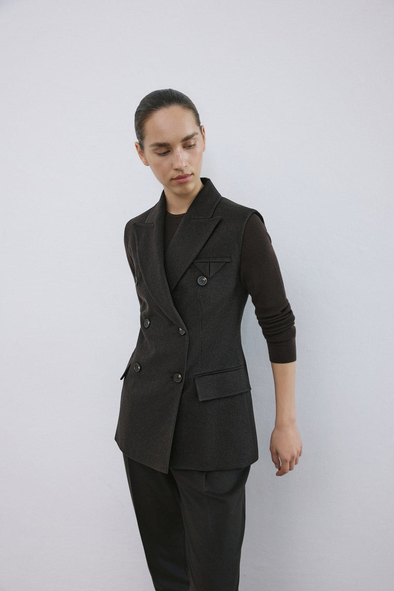 Lapel Collar Lined Double-Breasted Long  Vest