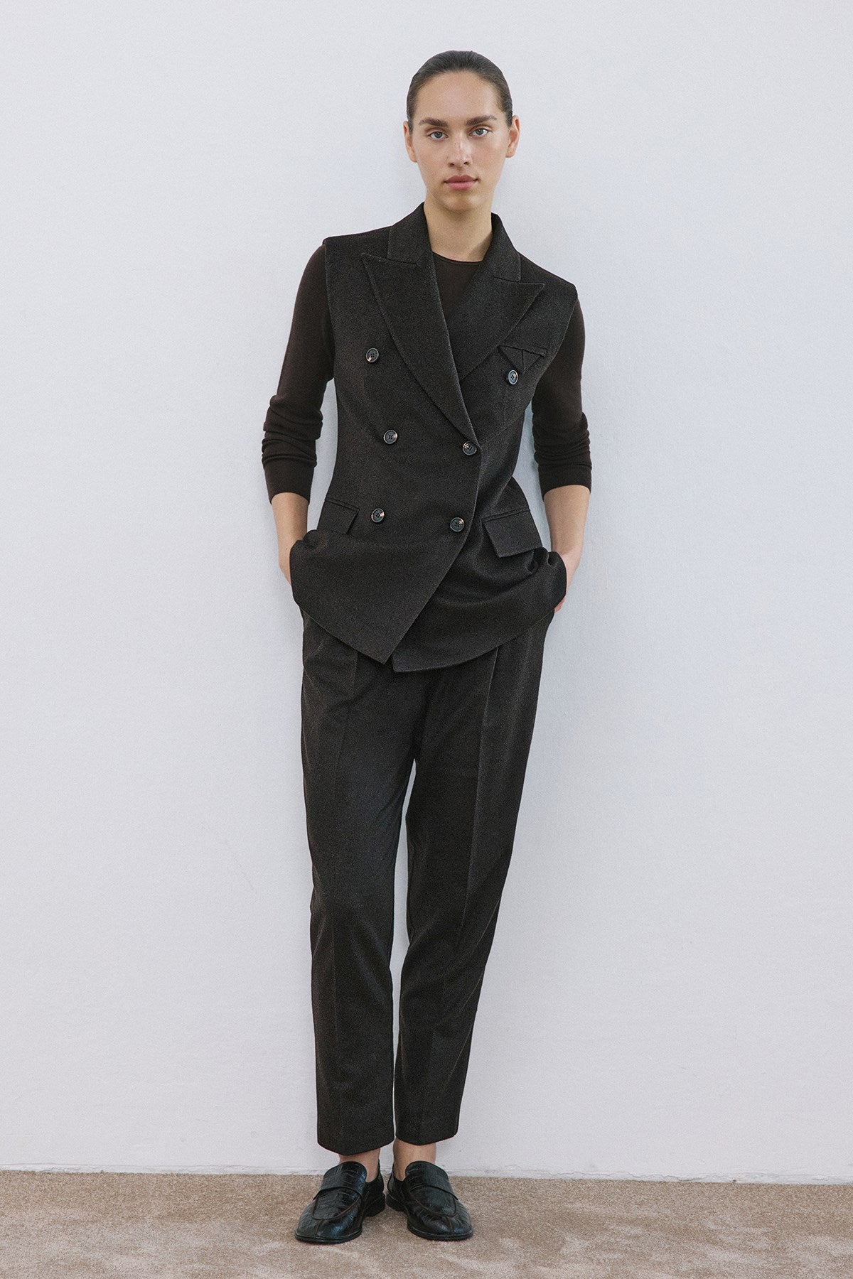Lapel Collar Lined Double-Breasted Long  Vest