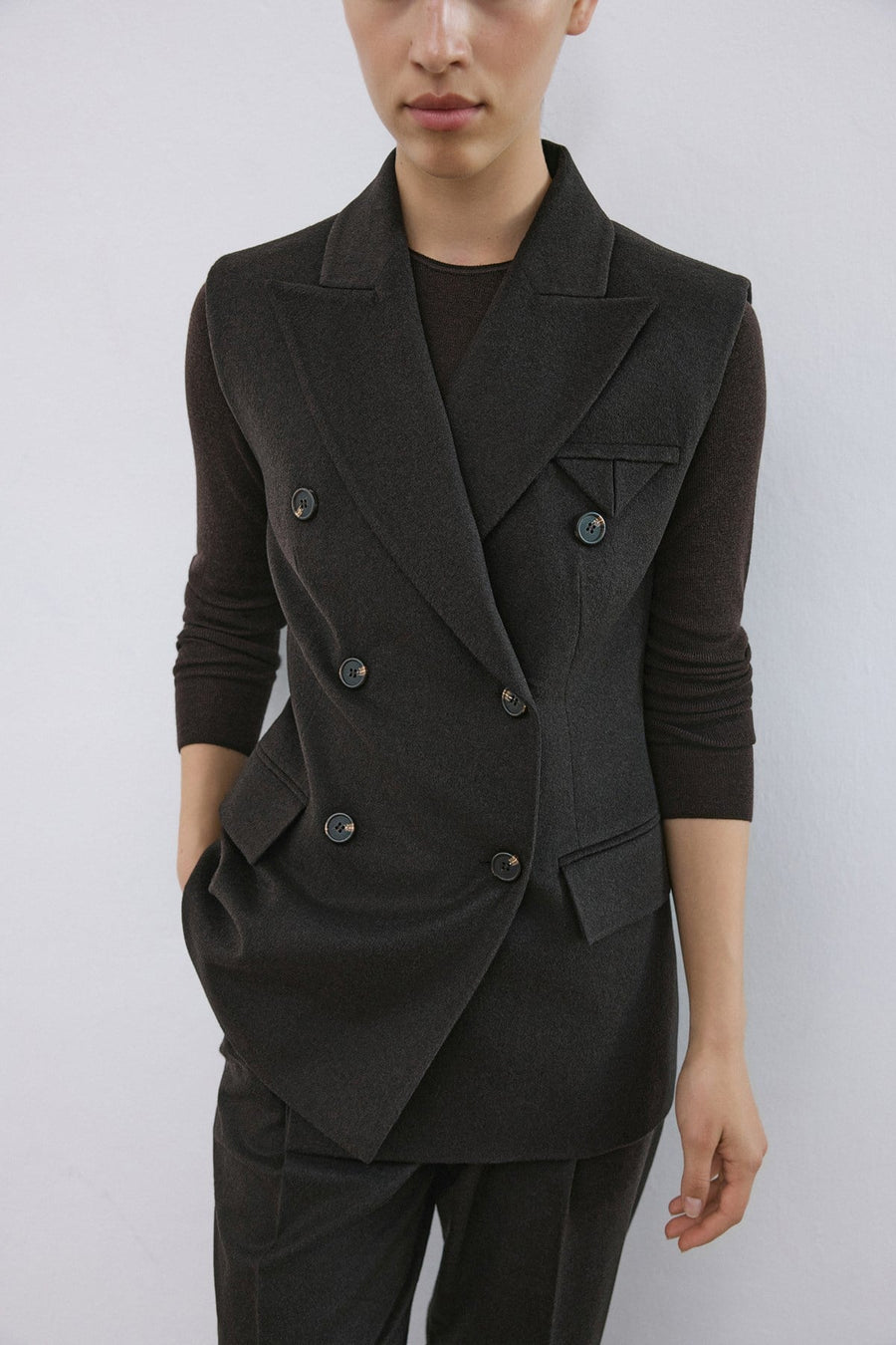 Lapel Collar Lined Double-Breasted Long  Vest