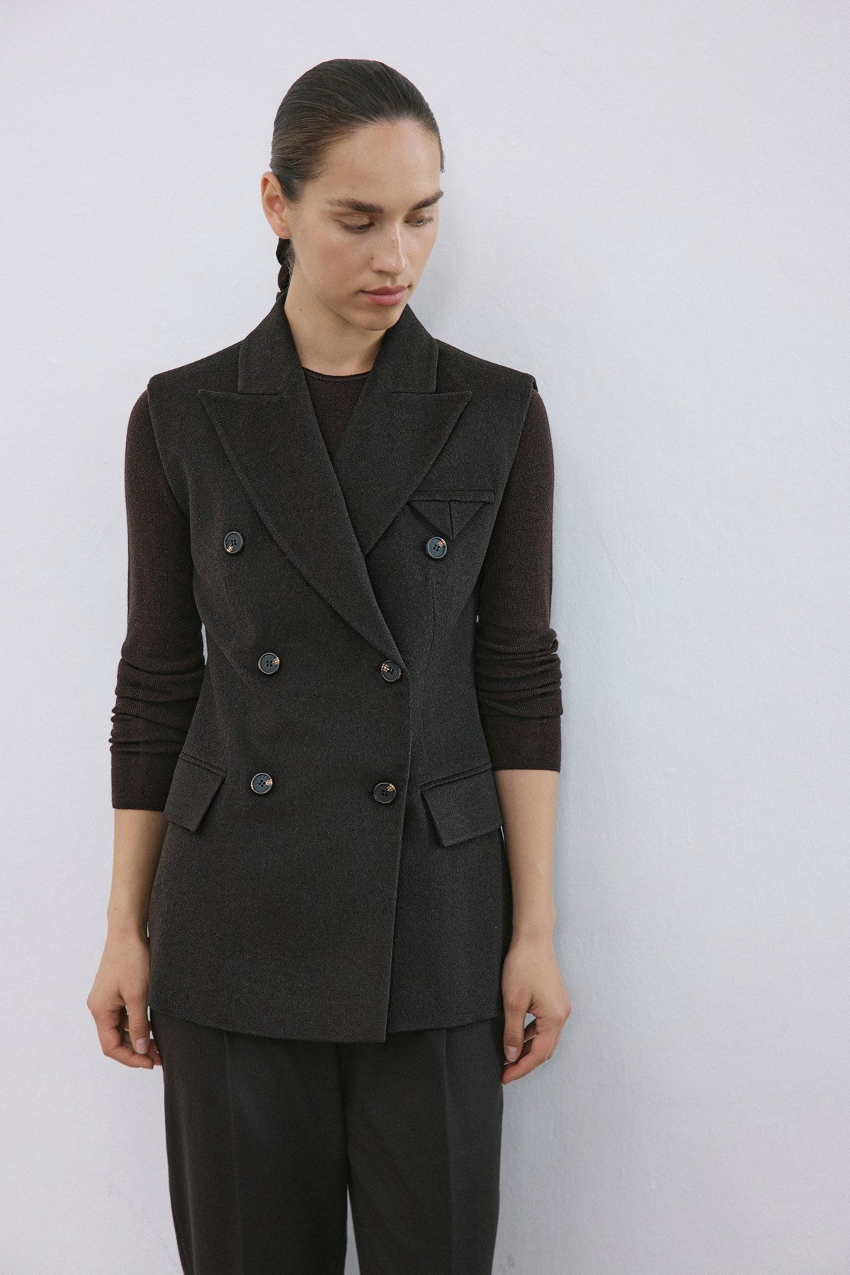 Lapel Collar Lined Double-Breasted Long  Vest