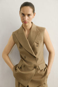Camel Lapel Collar Lined Double-breasted Long  Vest