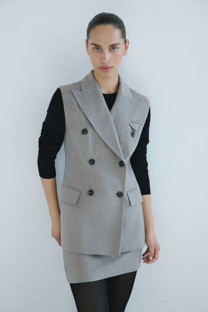 Lapel Collar Lined Double-Breasted Long  Vest