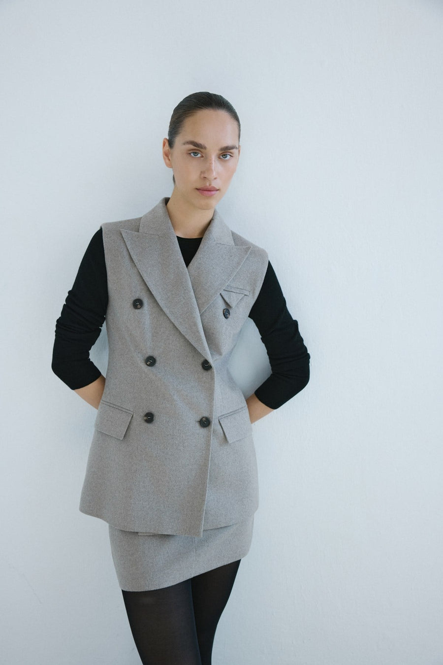 Lapel Collar Lined Double-Breasted Long  Vest