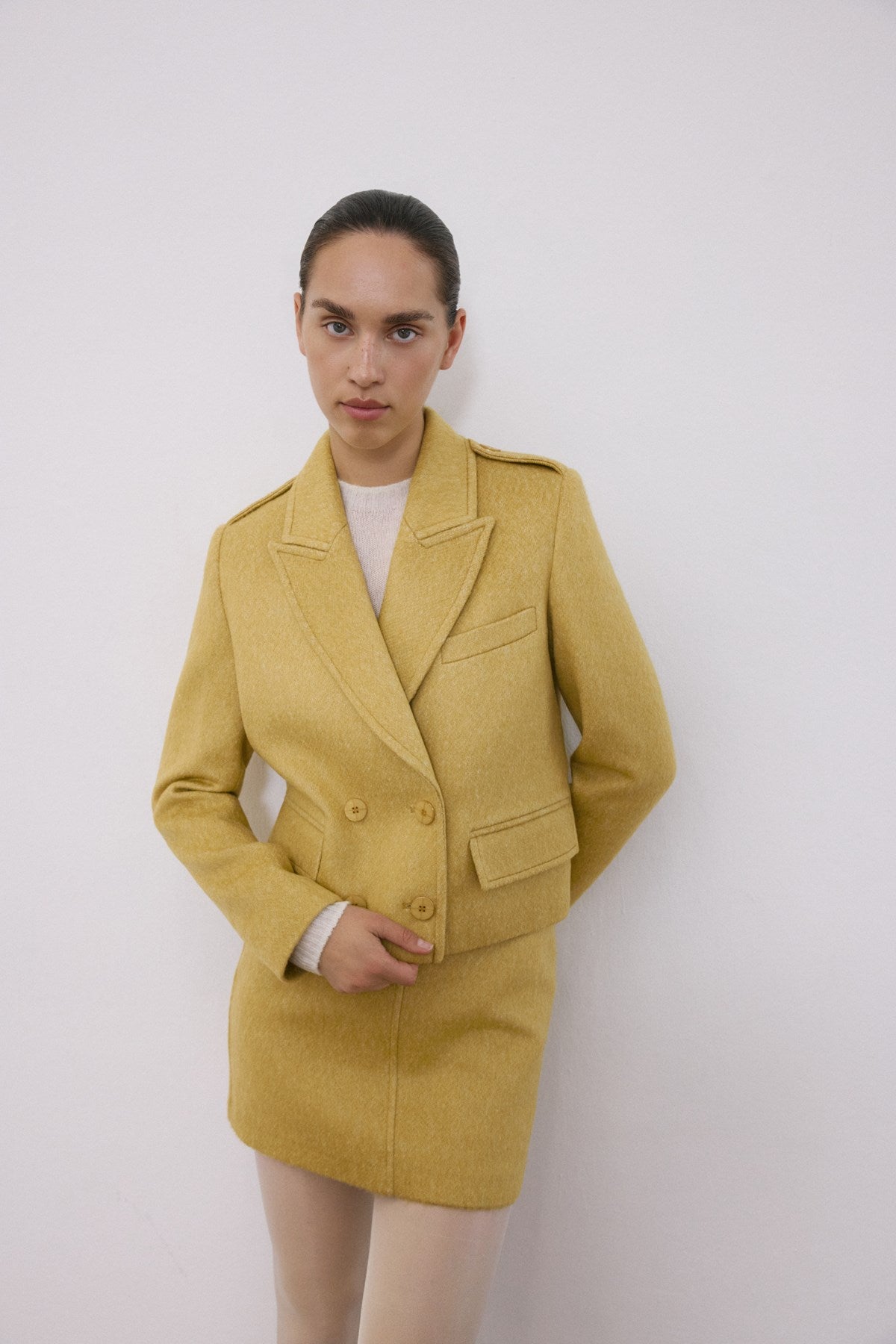 Lapel Collar Lined Long Sleeve Crop  Jacket