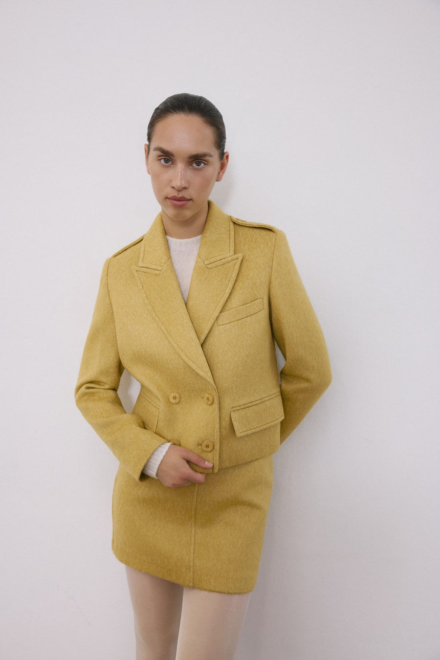 Lapel Collar Lined Long Sleeve Crop  Jacket