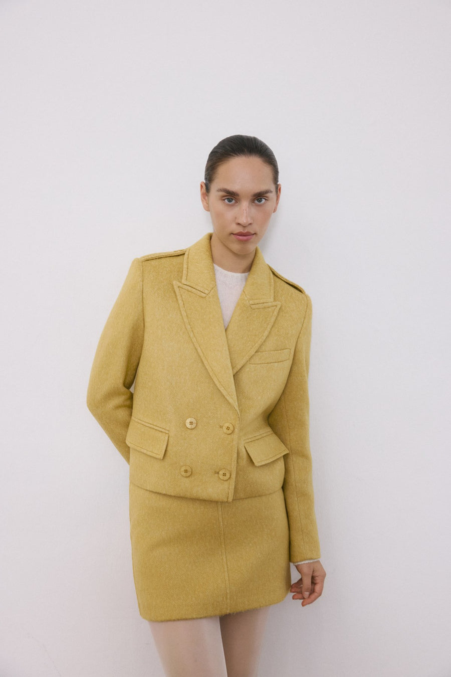 Lapel Collar Lined Long Sleeve Crop  Jacket