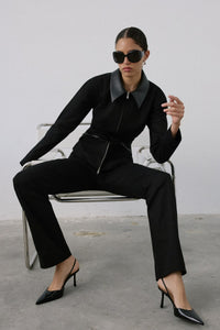 Black Leather Collar Leather Piping  Blazer