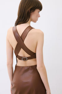Brown Plum Leather Midi Dress With Open Back
