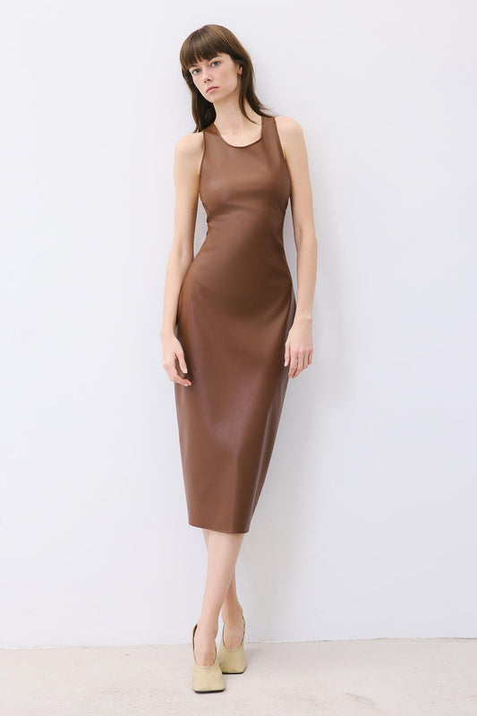 Plum Leather Midi Dress With Open Back