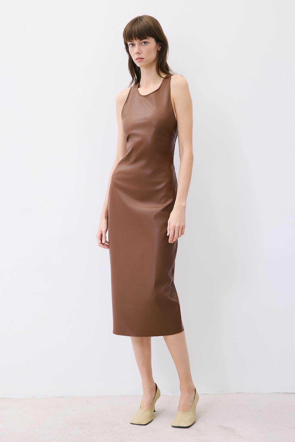 Plum Leather Midi Dress With Open Back