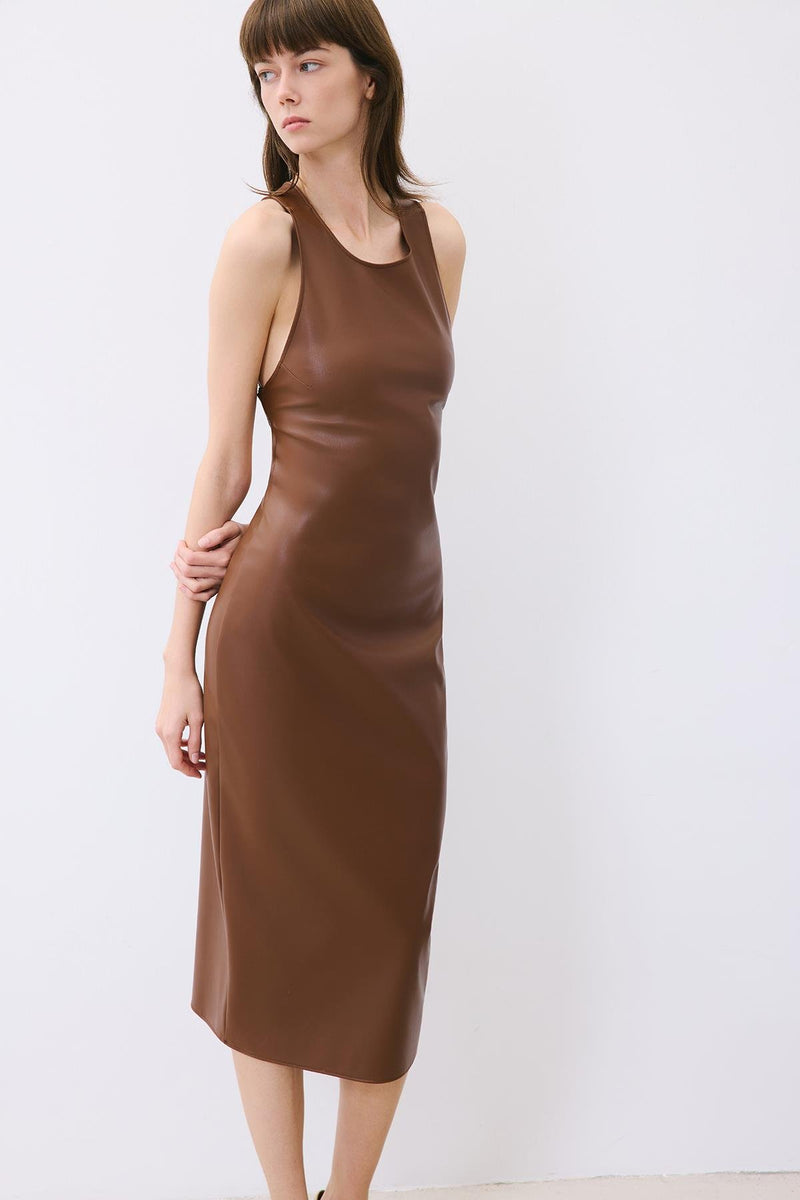 Plum Leather Midi Dress With Open Back