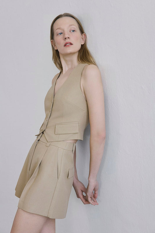 Linen Blend Belted Mini Powder  Shorts