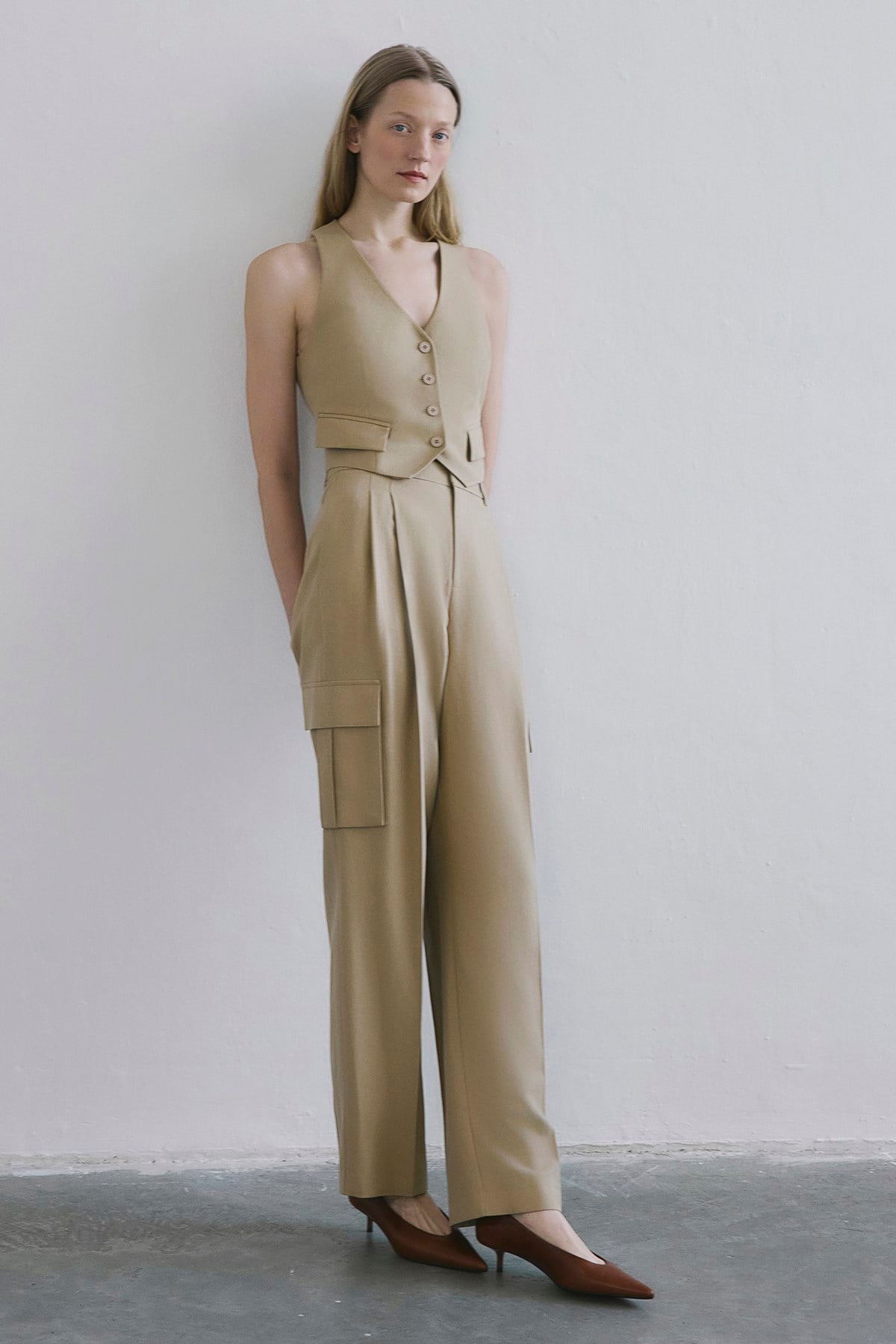 Linen Blend High Waist Wide Leg Powder  Pants