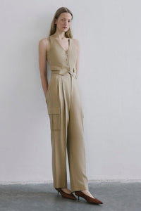 Camel Linen Blend High Waist Wide Leg Powder Trousers