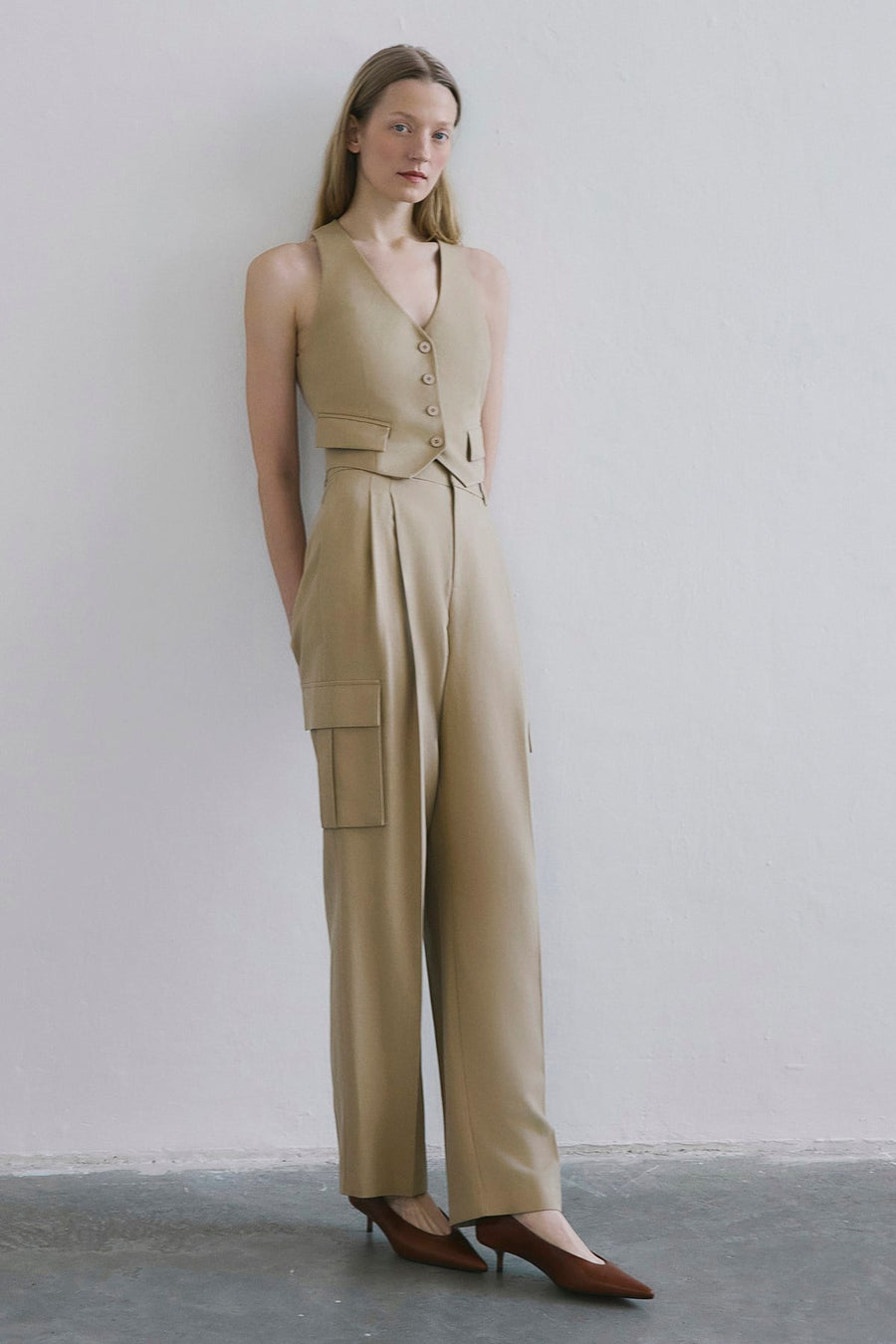Linen Blend High Waist Wide Leg Powder  Pants