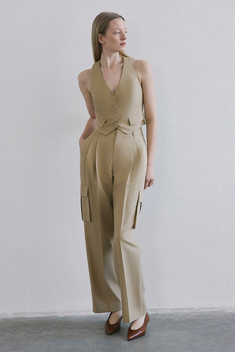 Linen Blend High Waist Wide Leg Powder  Pants