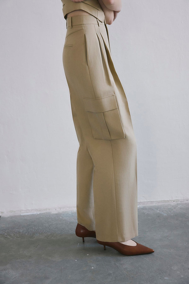 Linen Blend High Waist Wide Leg Powder  Pants
