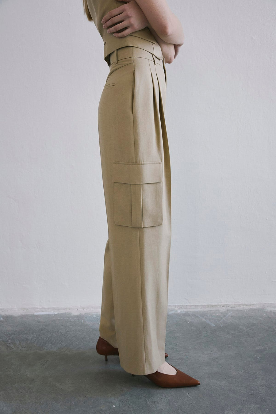 Linen Blend High Waist Wide Leg Powder  Pants
